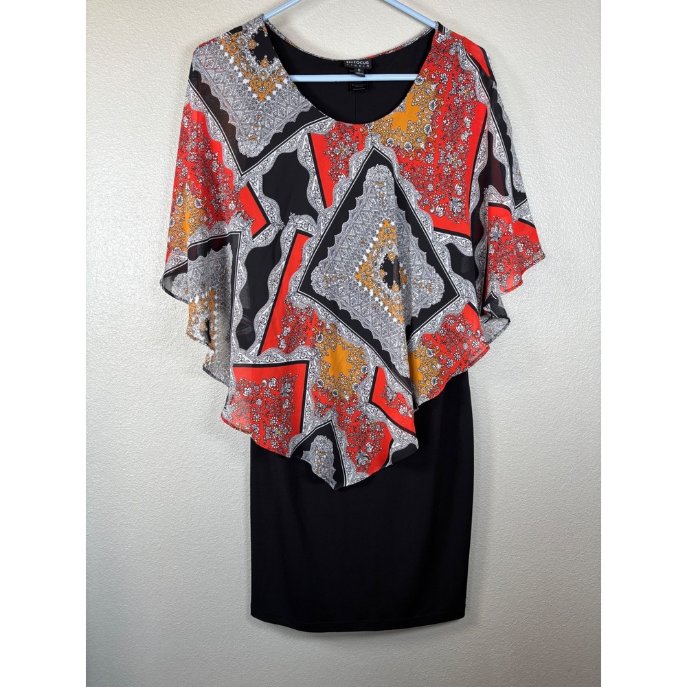 ENโ FOCUS STUDIO Women Black Sheath Dress Geometric Print Cape Overlay Sz 6